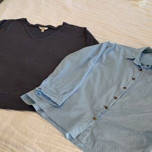 Terra & Sky Dark Gray V—neck 3/4 sleeve sweater 14W and Light Blue Linen Look LS